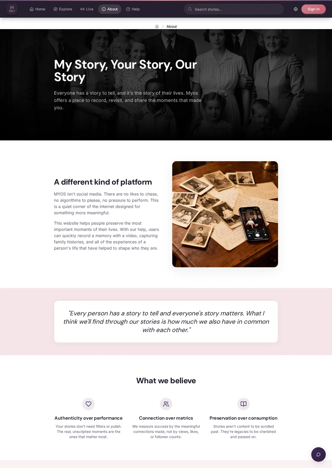 MYOS about page explaining personal video storytelling
