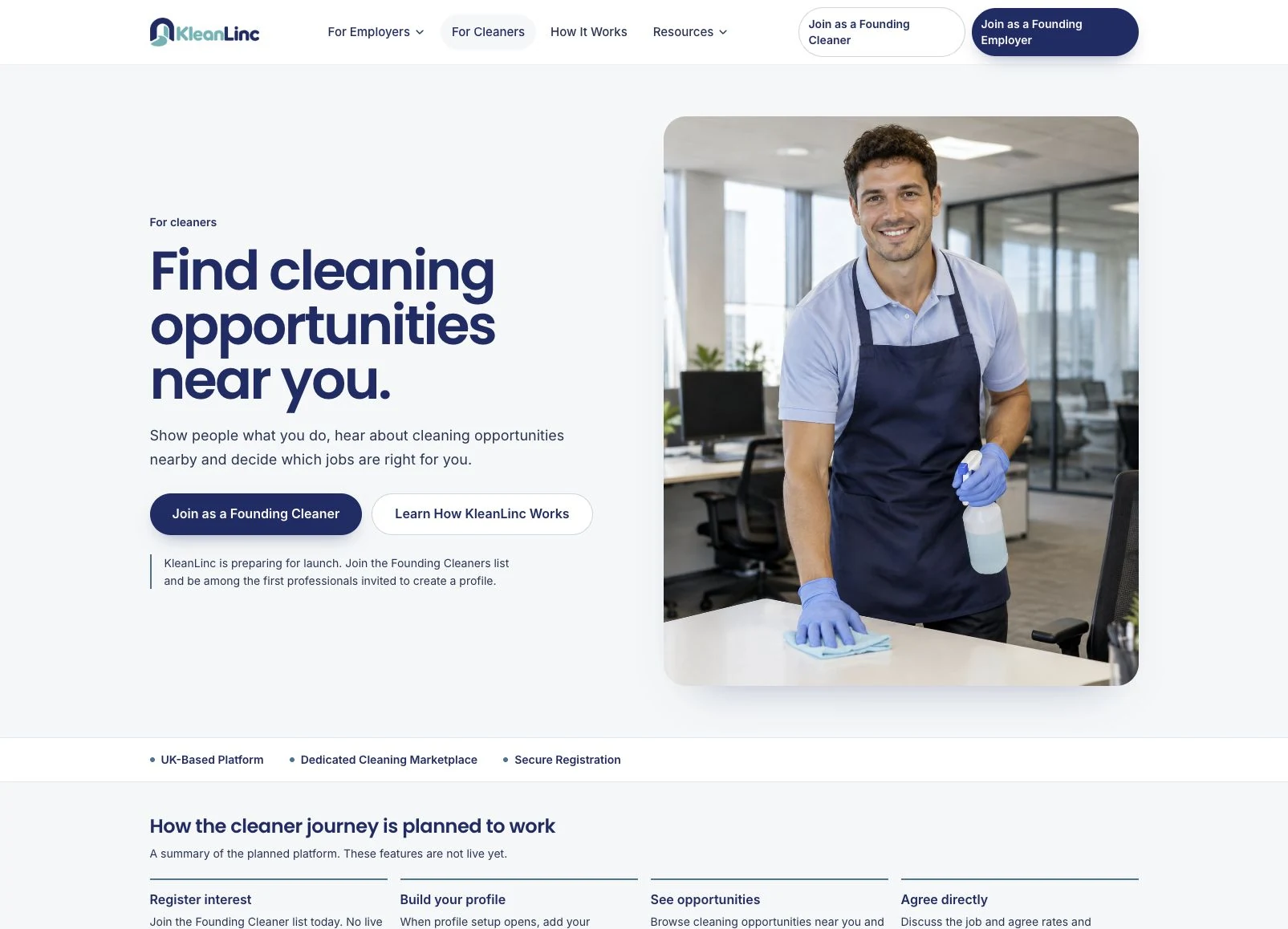 KleanLinc independent-cleaner overview with a cleaner portrait, founding-cleaner registration and pre-launch journey information