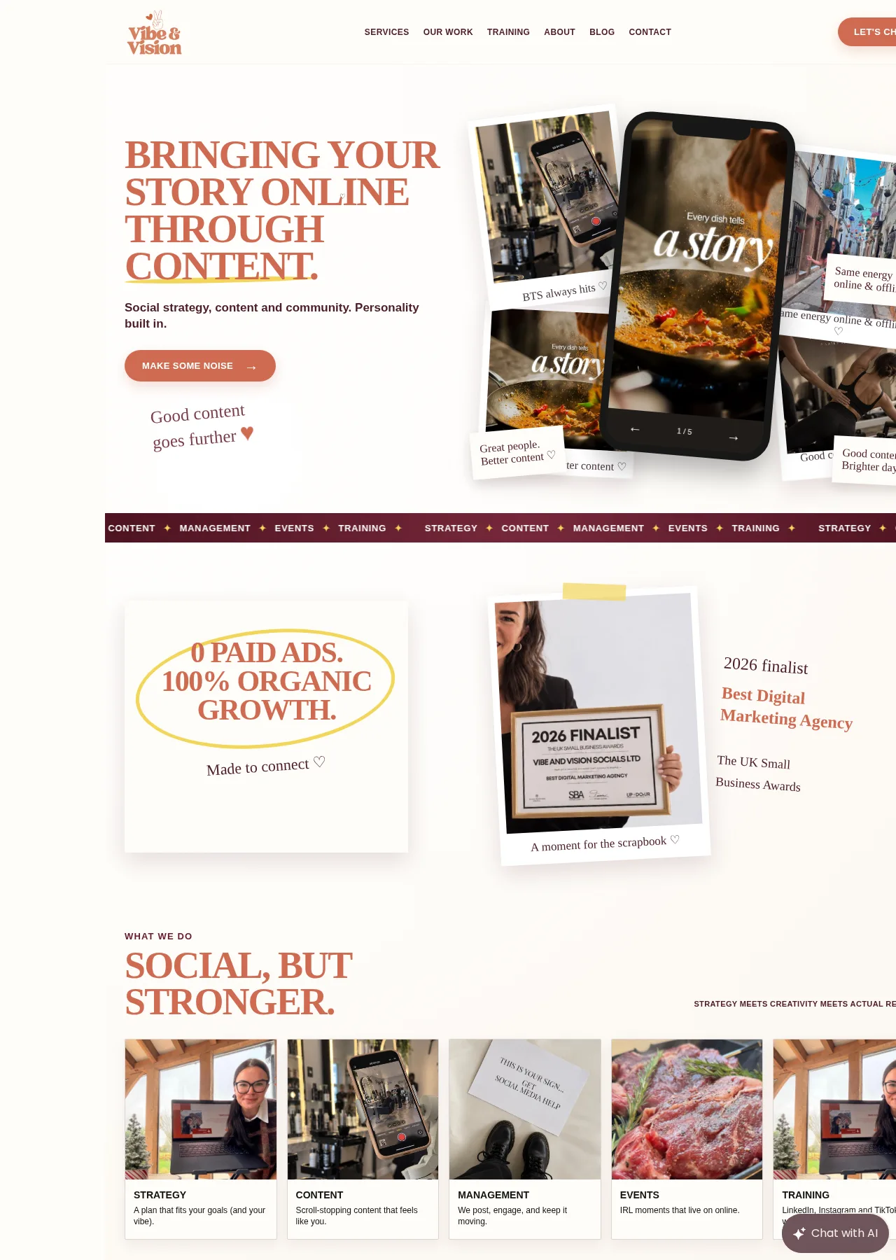 Vibe and Vision Socials website showing social strategy and content services