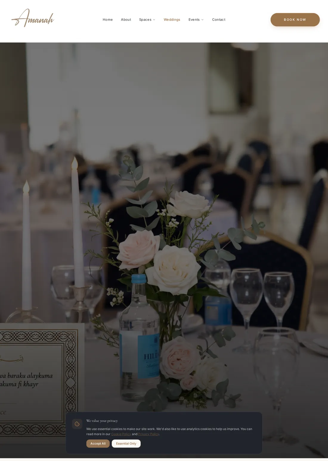 Amanah Suite weddings page showing a dressed event space