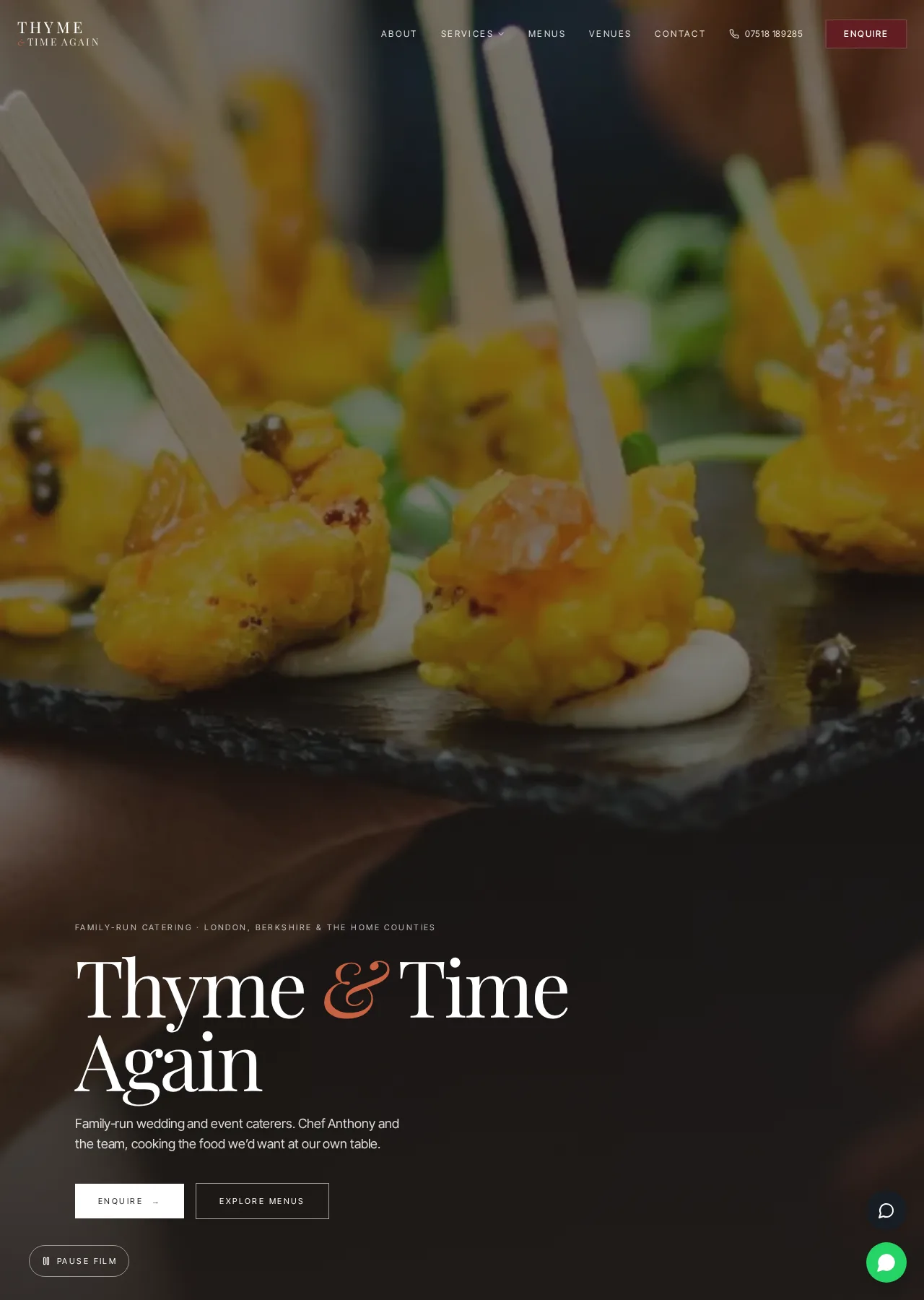 Thyme and Time Again catering website homepage with plated food photography