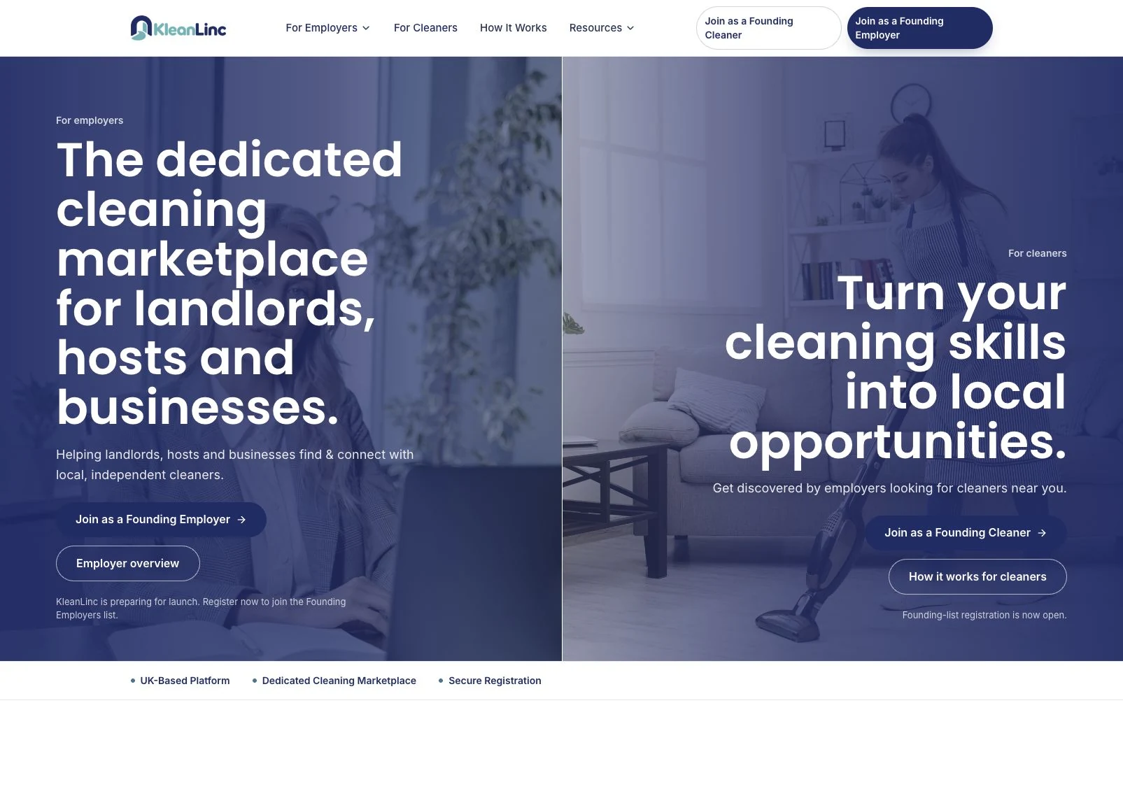 KleanLinc pre-launch homepage with separate employer and independent-cleaner introductions and founding-interest registration links