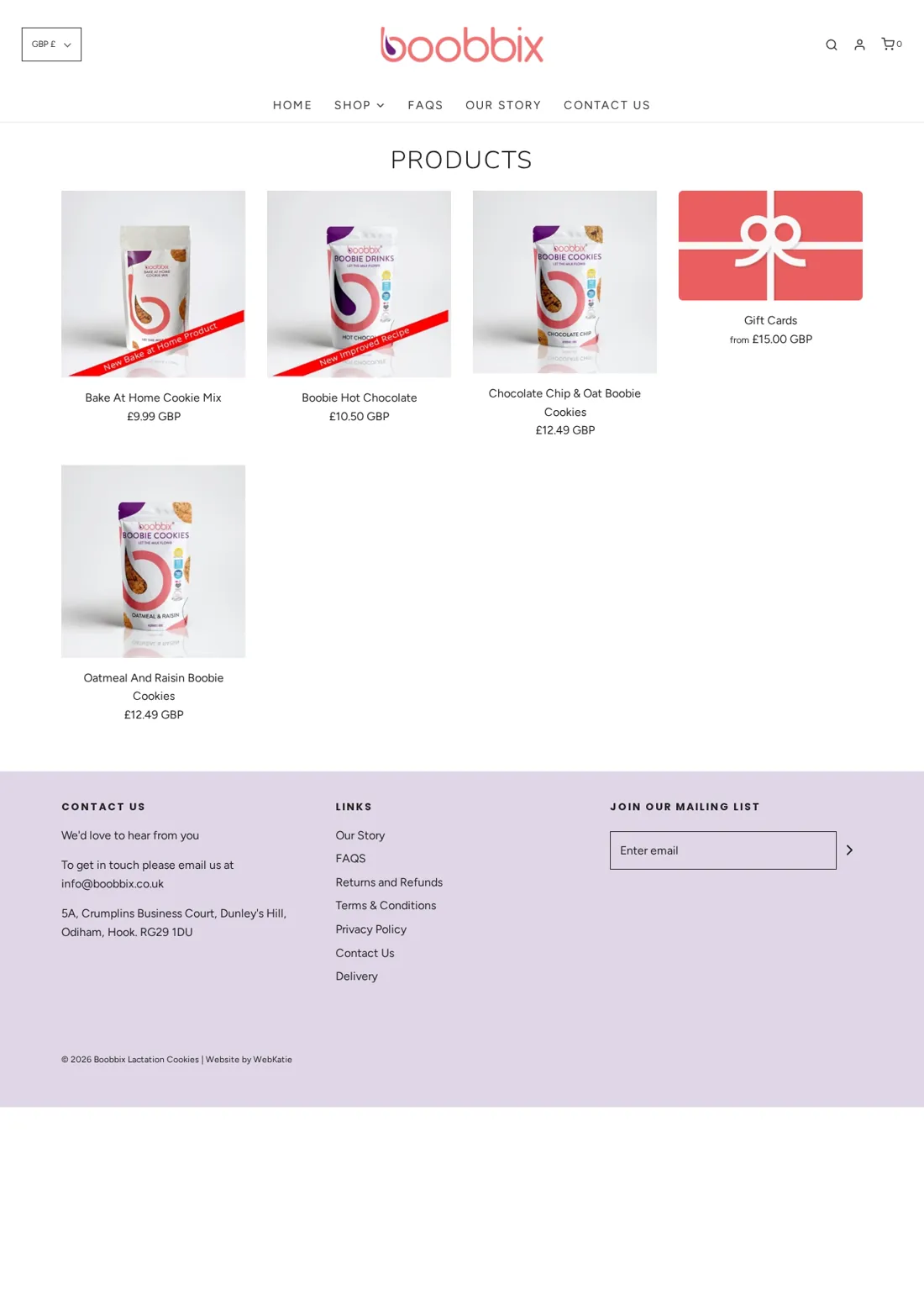 Boobbix product catalogue showing cookie and drink products