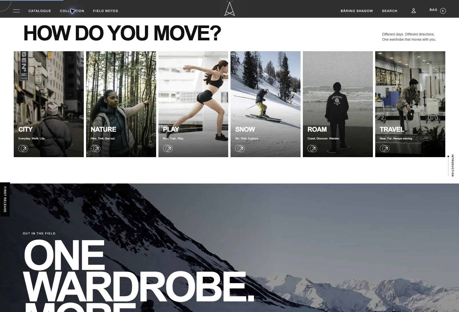 Bäring collection page with the HOW DO YOU MOVE? heading and six lifestyle collection tiles — City, Nature, Play, Snow, Roam and Travel