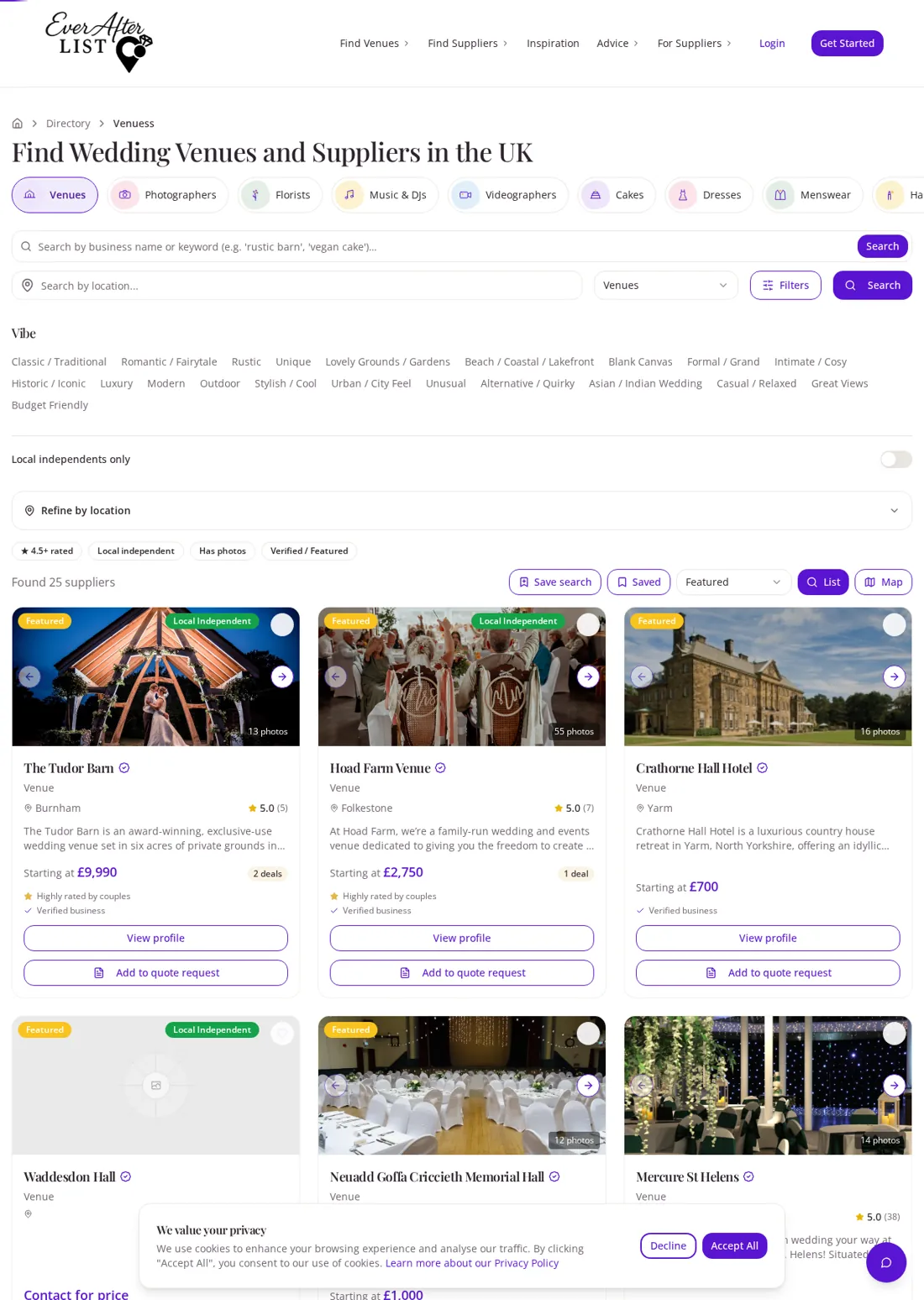 Ever After List venue directory with filters and supplier listings