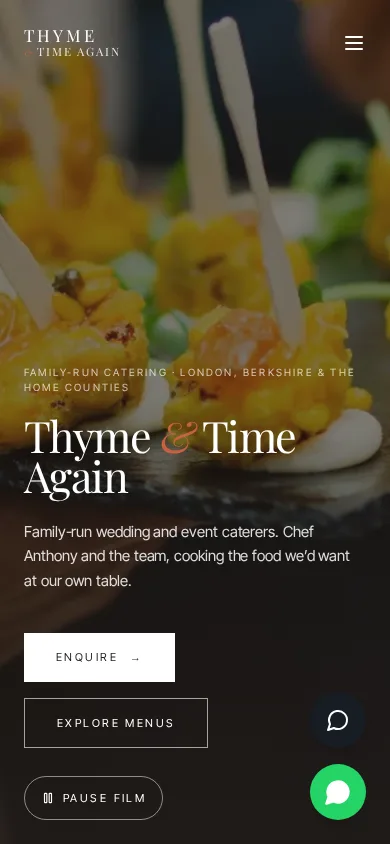 Thyme and Time Again catering website on mobile