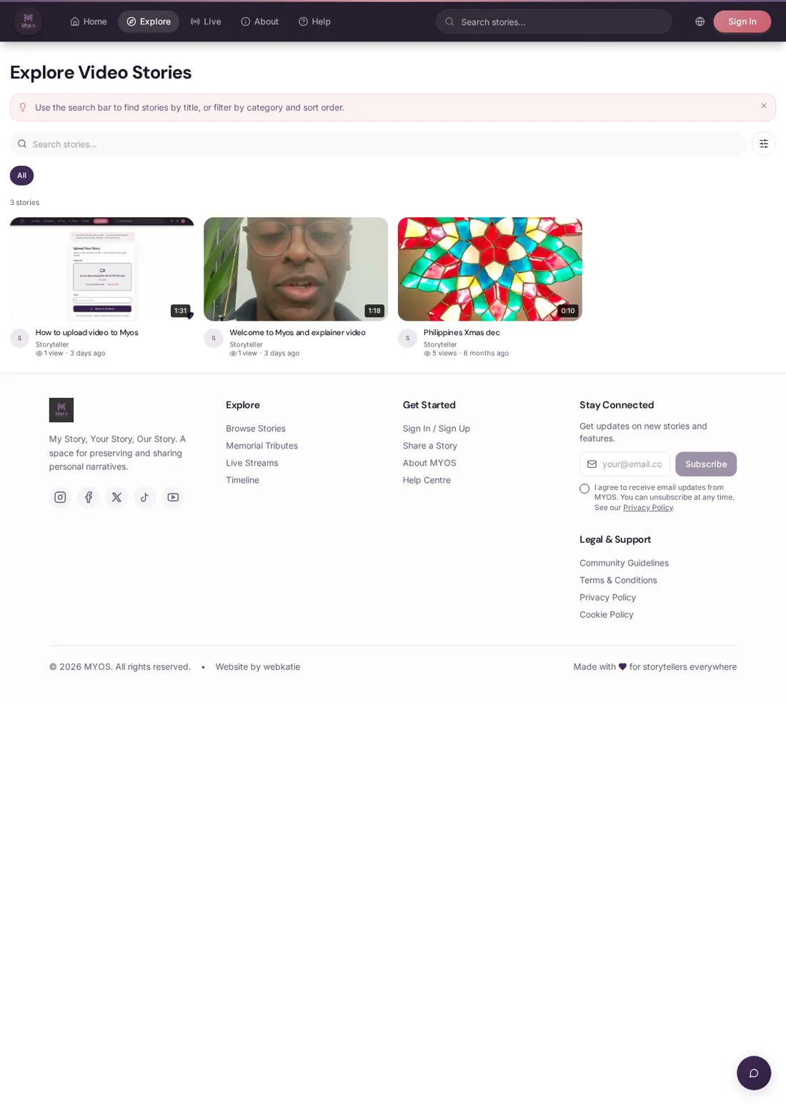 MYOS explore page with a grid of public video stories