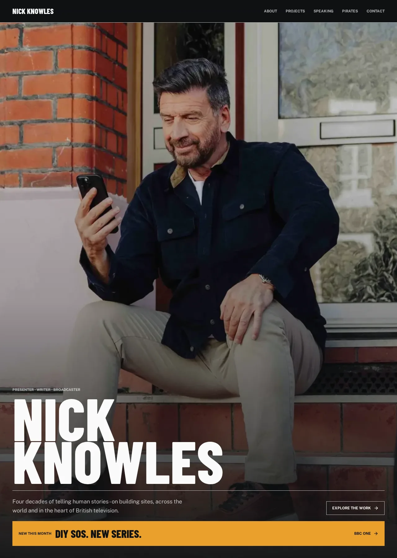 Nick Knowles website homepage with portrait and television work navigation