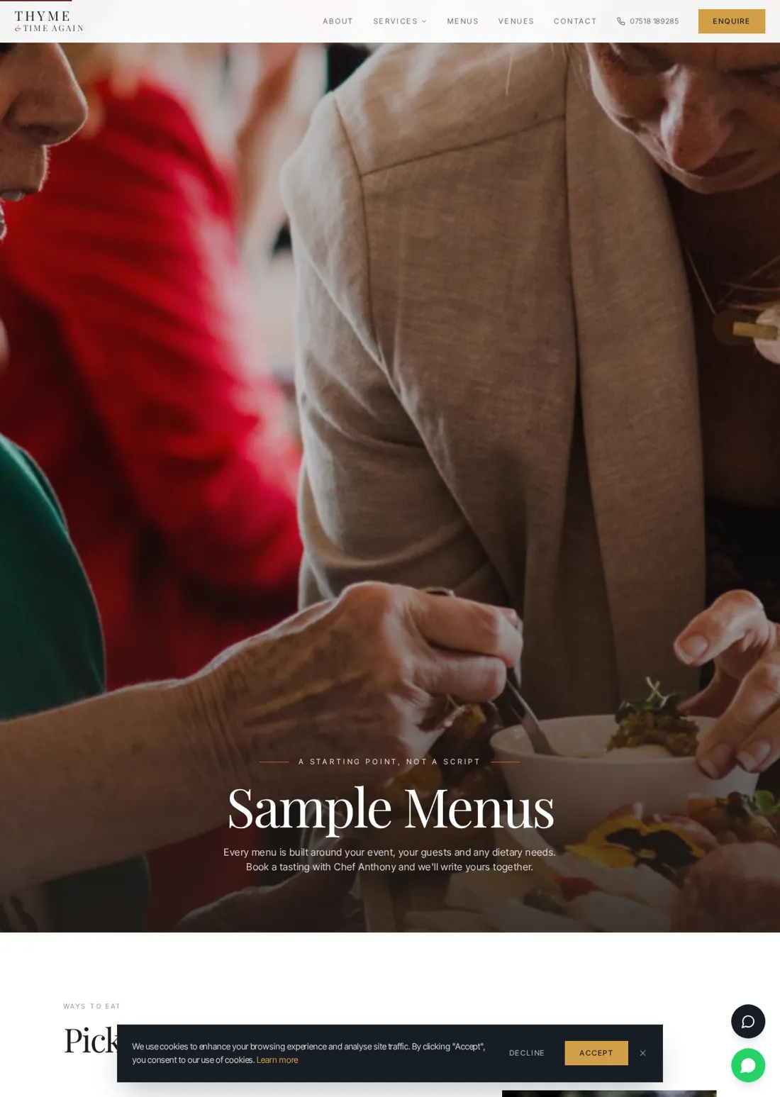 Thyme and Time Again sample menus page with catering photography