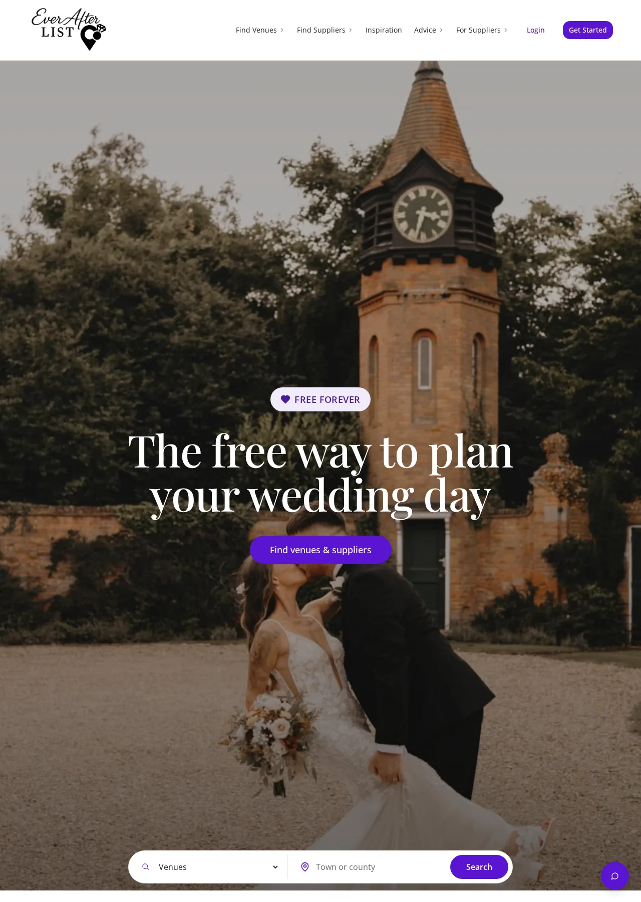 Ever After List homepage showing its wedding venue and supplier search
