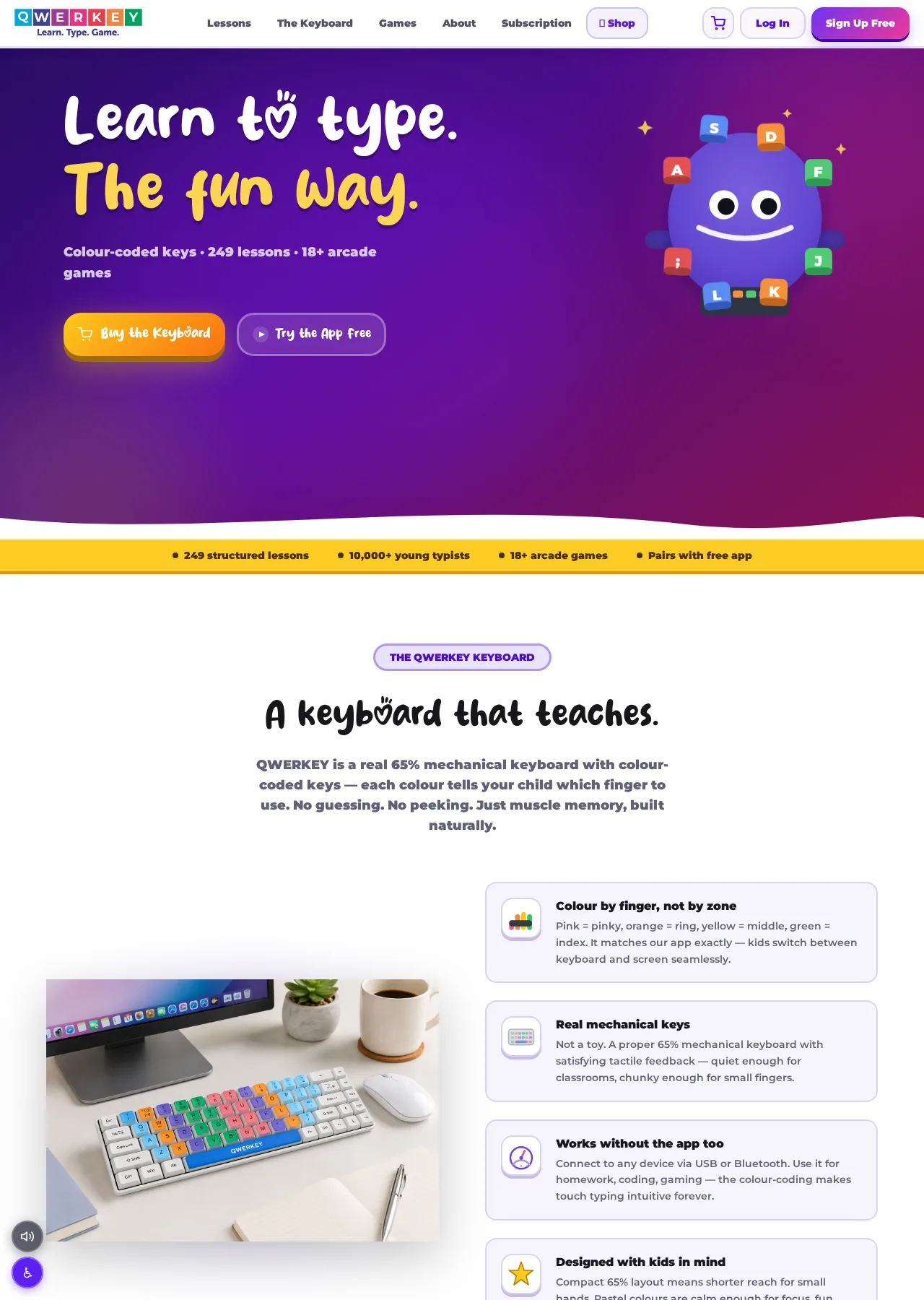 Qwerkey website showing its colour-coded keyboard, lessons and games