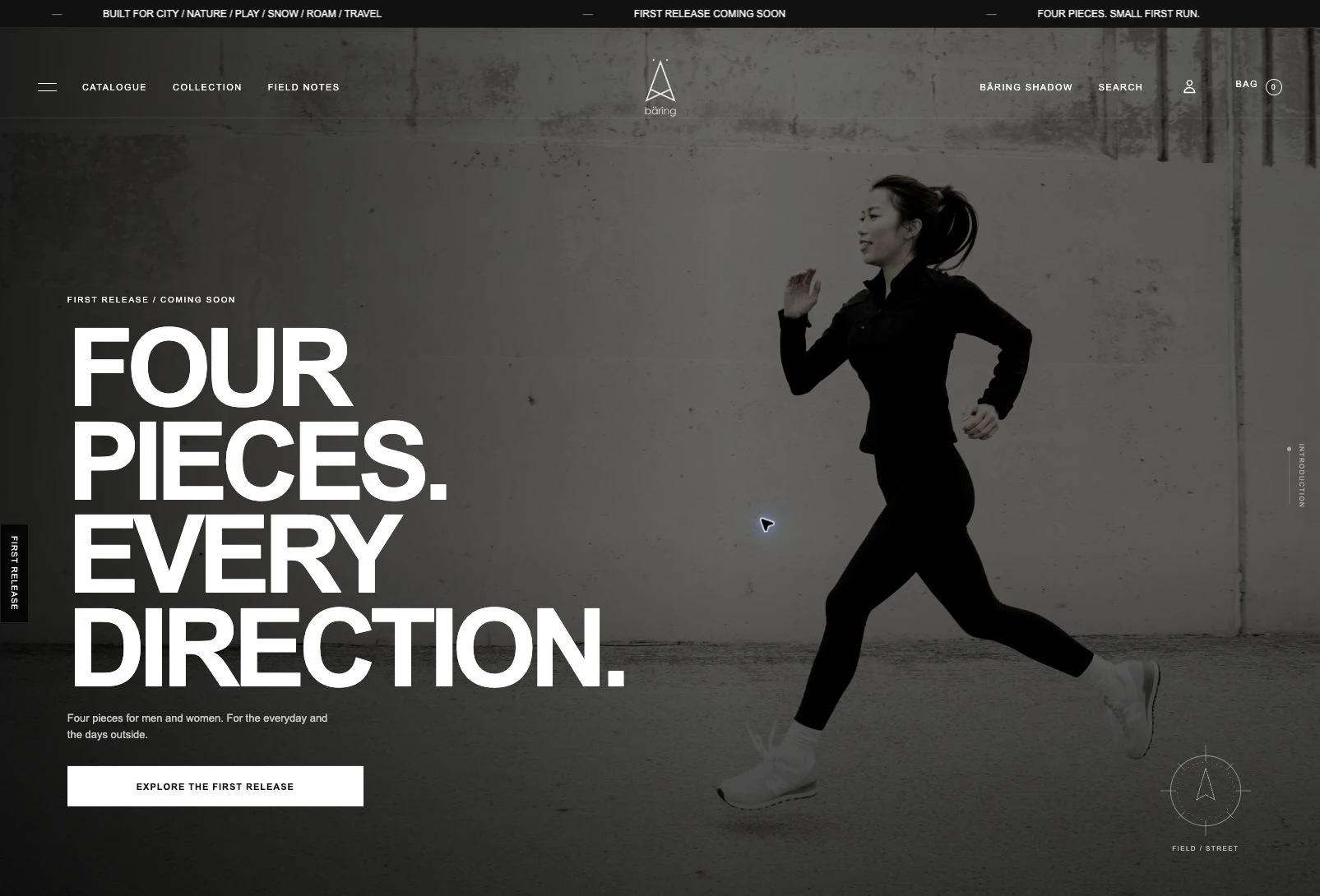 Bäring Shopify draft homepage with a running woman, collection navigation and the headline Four pieces. Every direction.