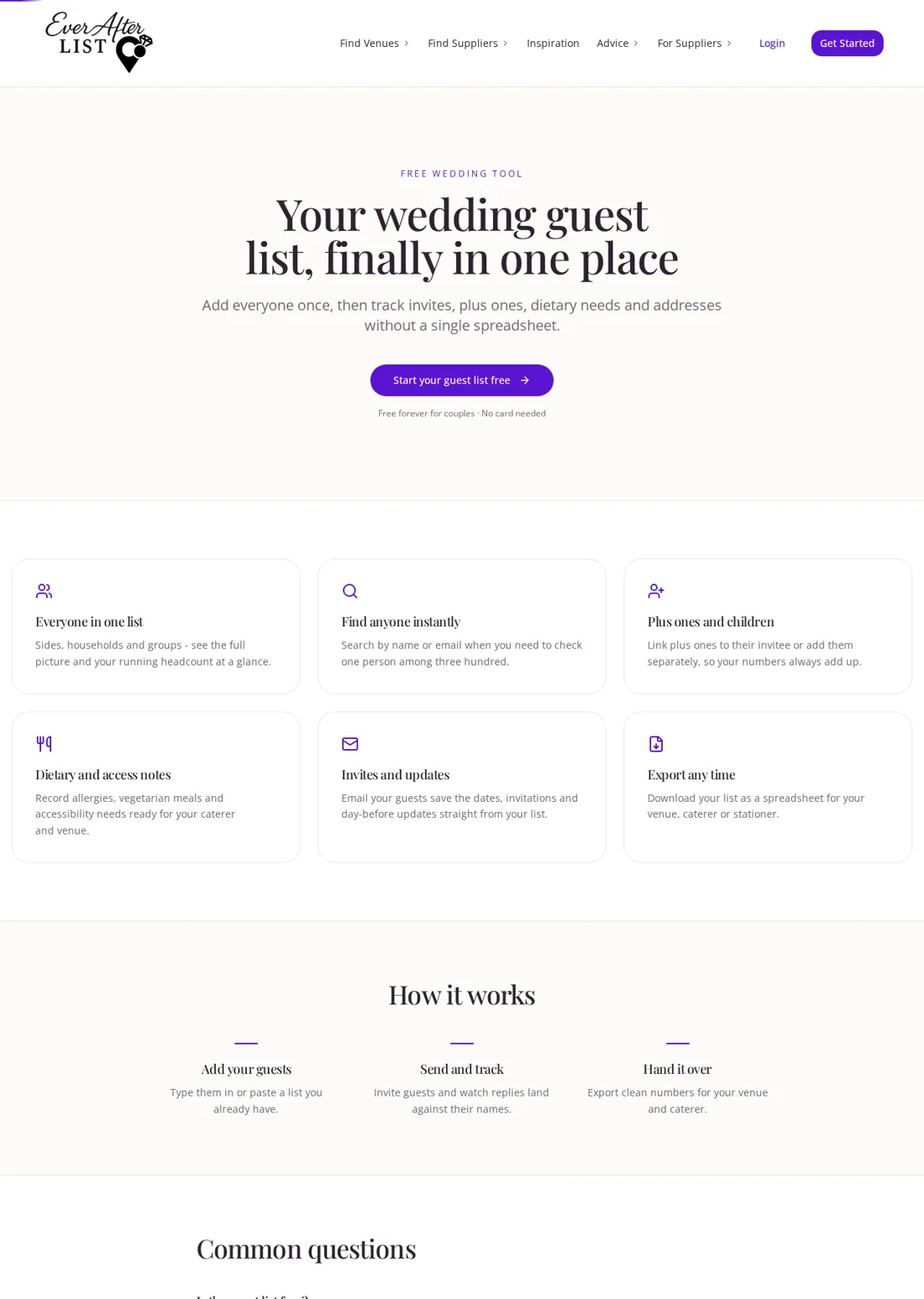 Ever After List guest-list planning page