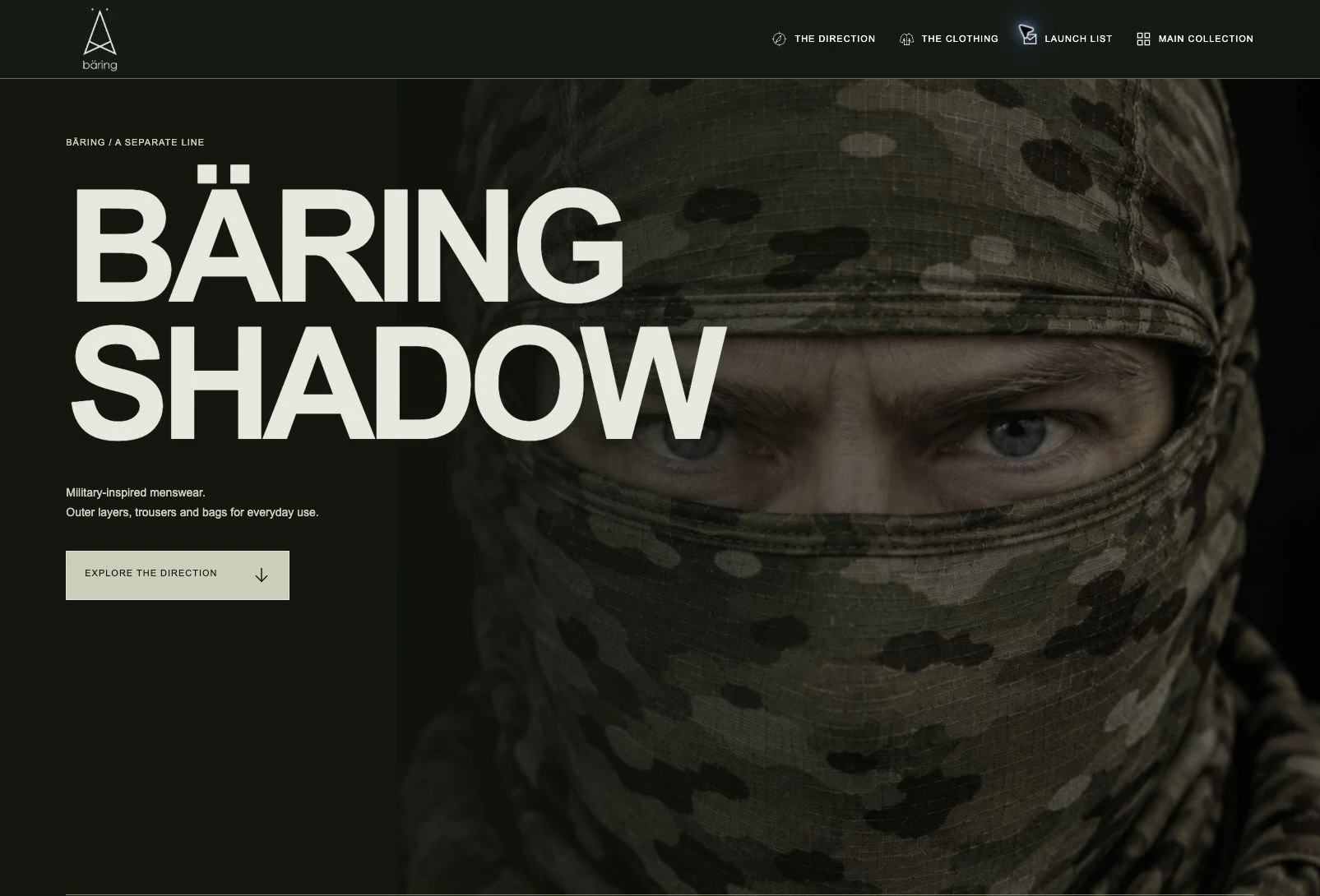 Bäring Shadow draft with oversized typography, dark green styling and a close-up camouflage portrait
