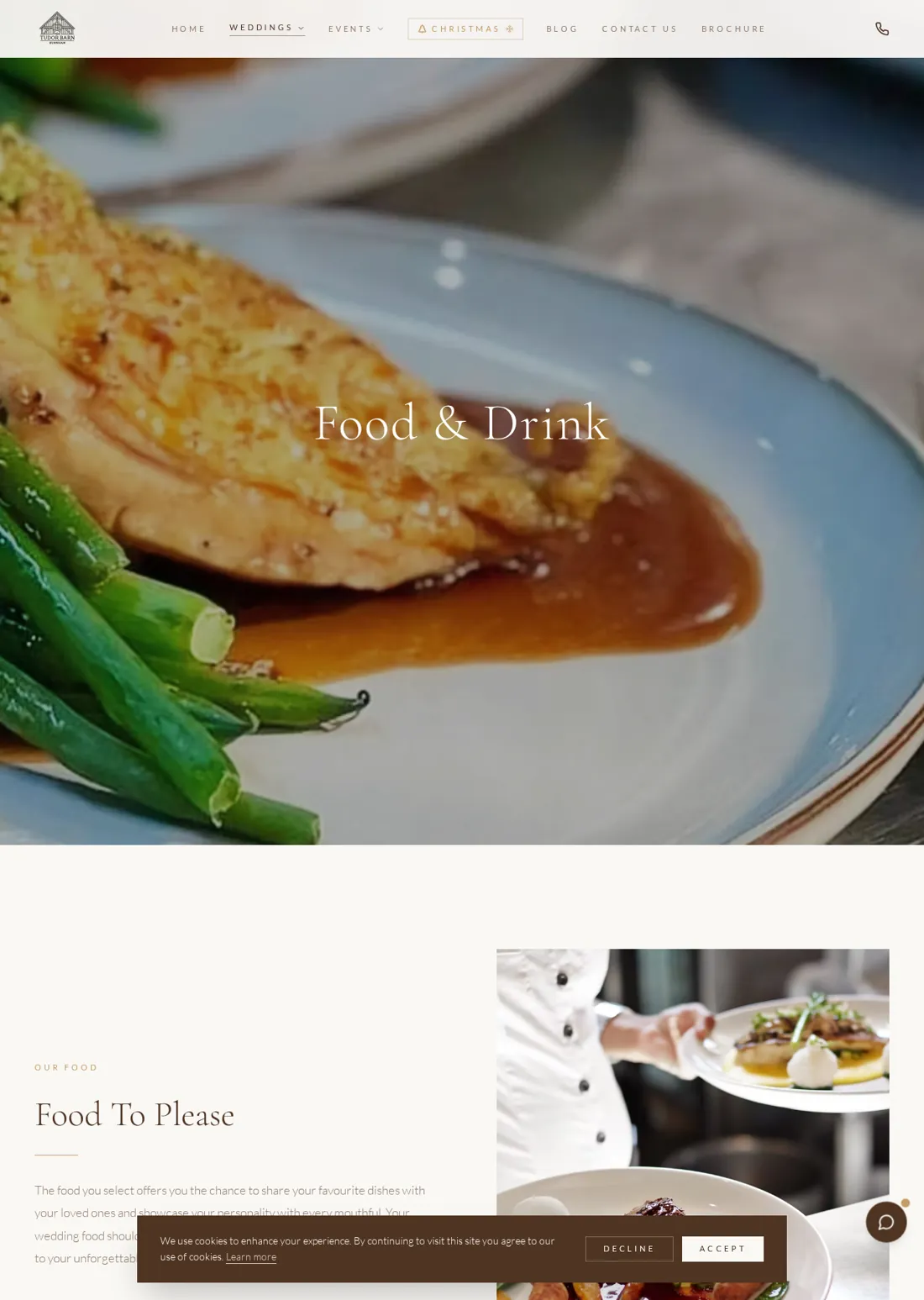 The Tudor Barn food and drink page showing a plated meal