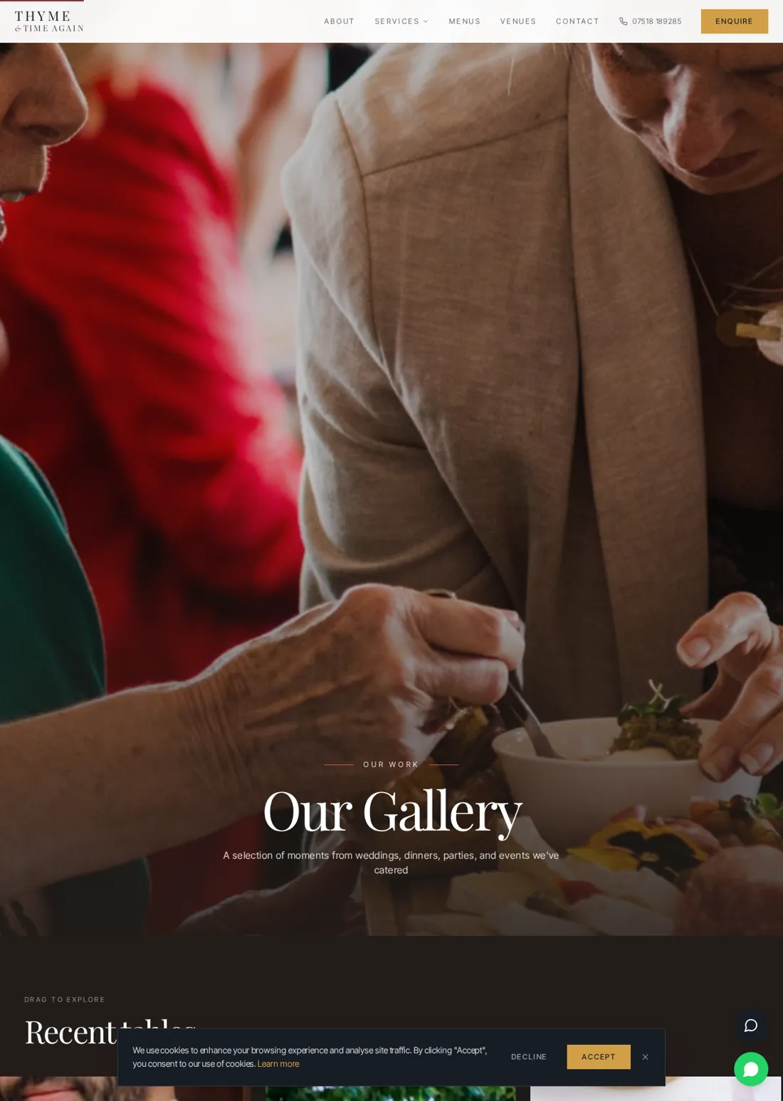 Thyme and Time Again gallery page with food and event photography
