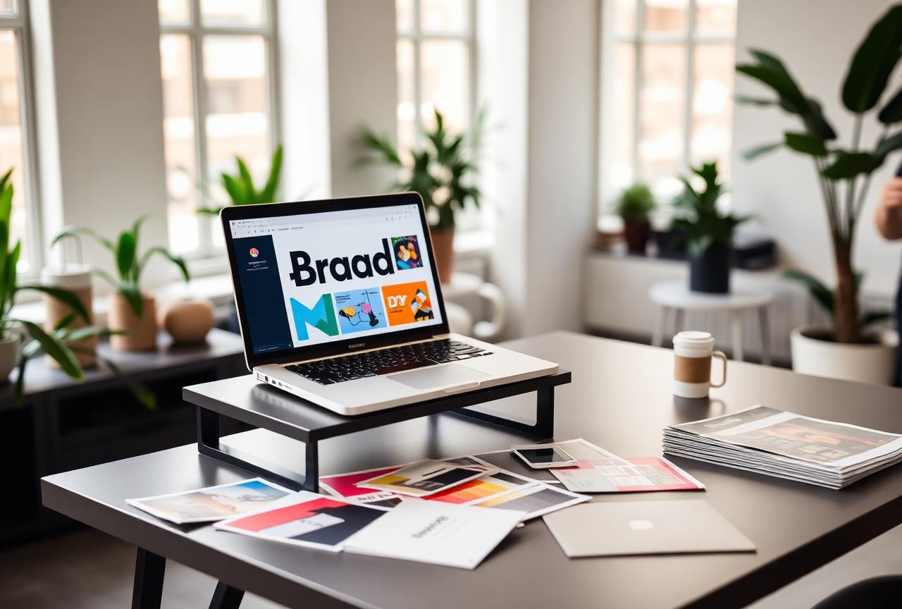 Brand identity project on laptop in a creative studio