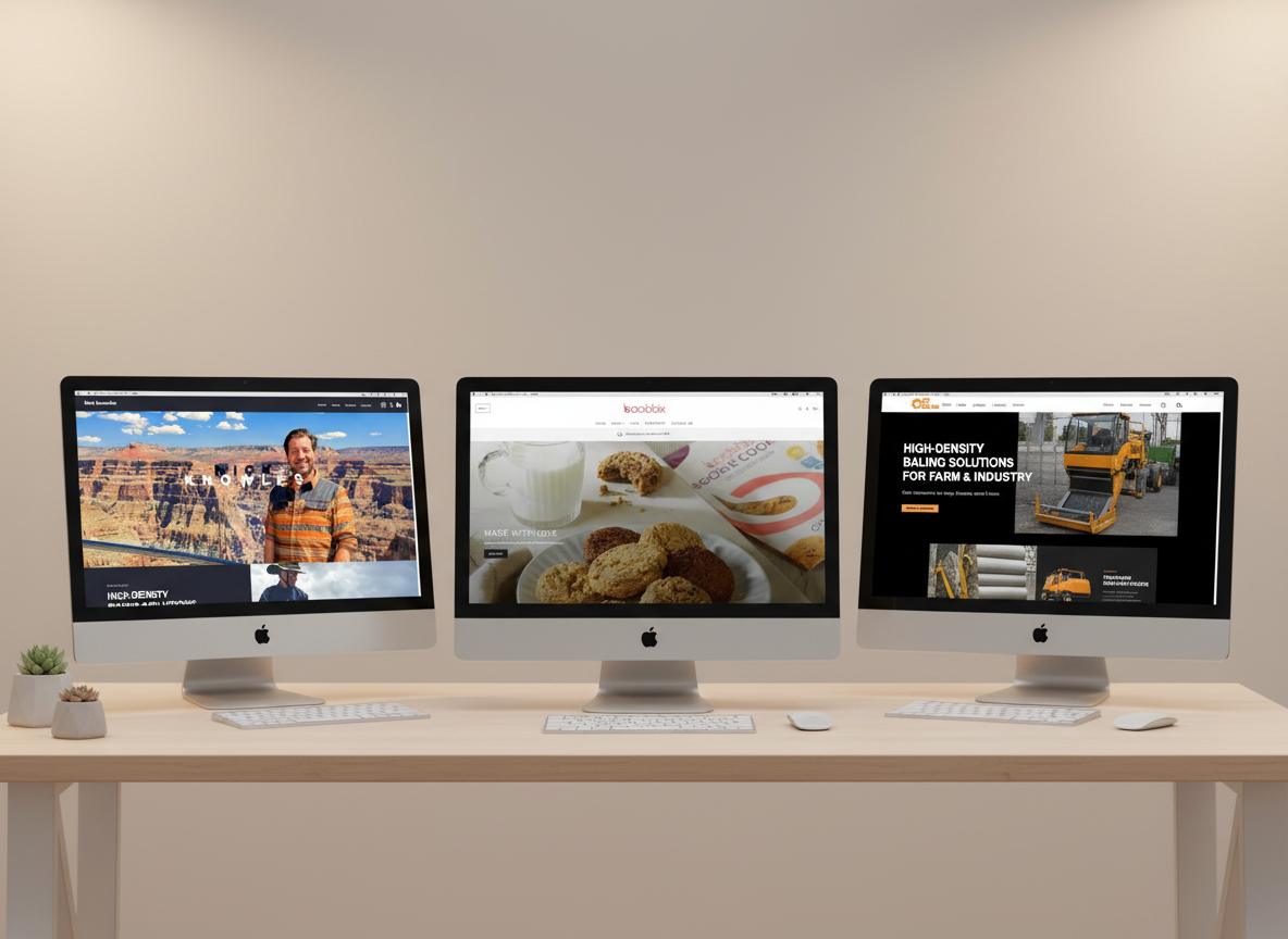 Nick Knowles, Boobbix and KS Baling websites on three iMac screens - Web design portfolio by WebKatie