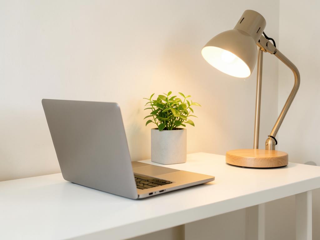 A tidy, well-kept workspace with a laptop and desk lamp